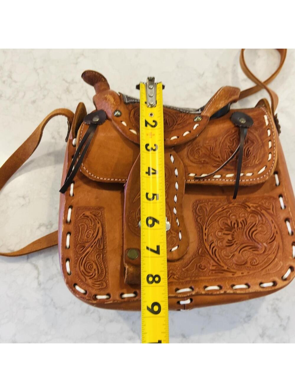 Vintage Tan Western Hand Tooled Leather Horse Saddle Bag Purse Mexico Brown - Picture 6 of 8